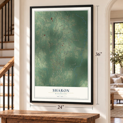 Sharon, Mississippi map, 24 x 36 inch print in a black frame by a staircase