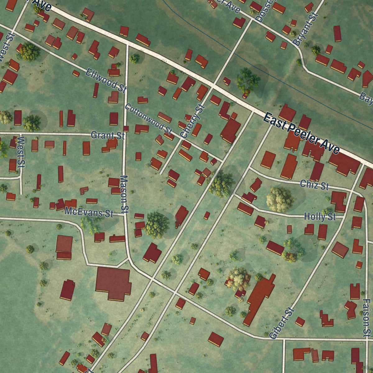 Close-up of the map of Shaw, Mississippi print showing street and building detail