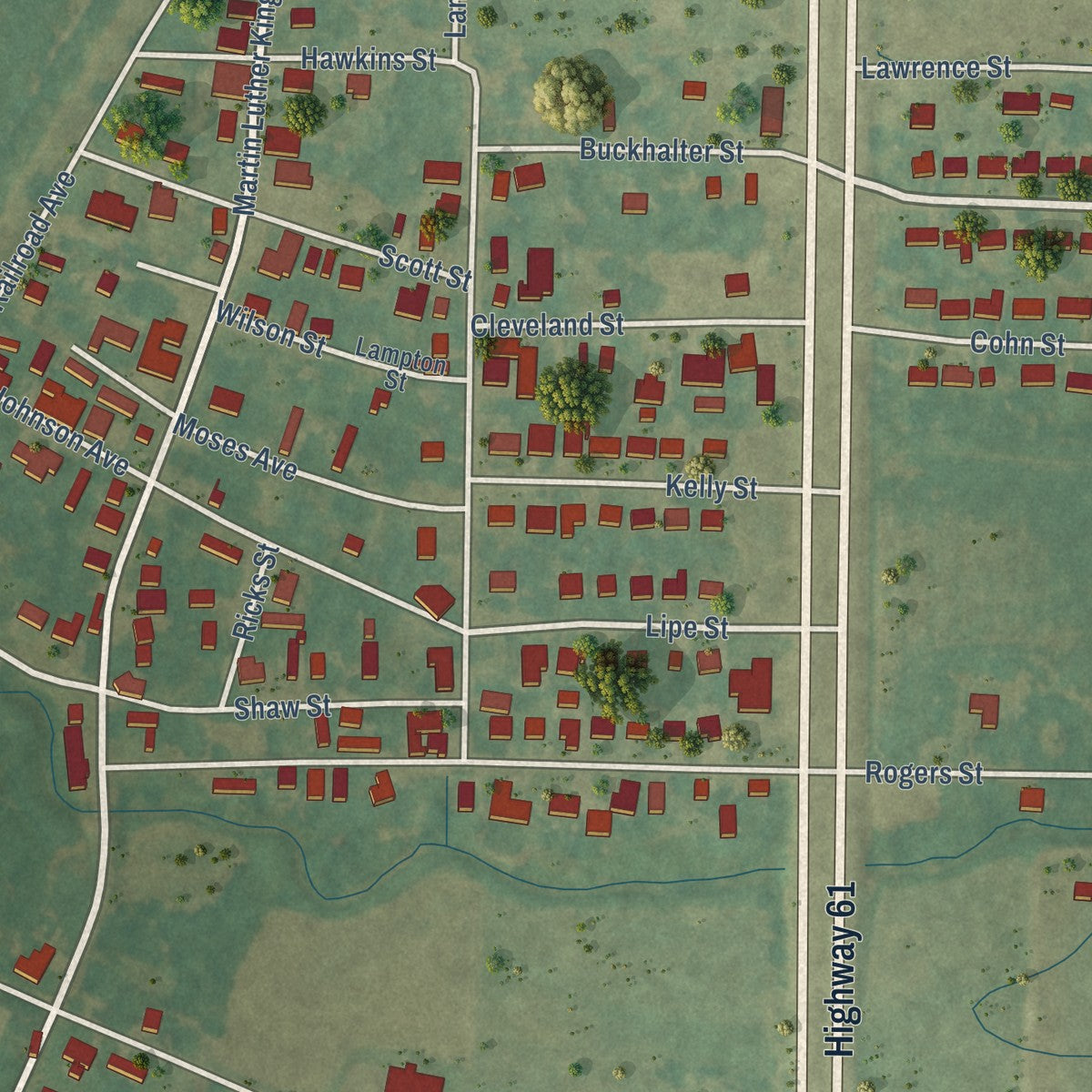 Second close-up of the map of Shaw, Mississippi print showing more streets and buildings