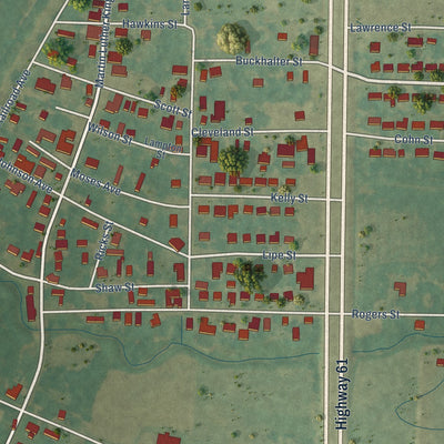 Second close-up of the map of Shaw, Mississippi print showing more streets and buildings