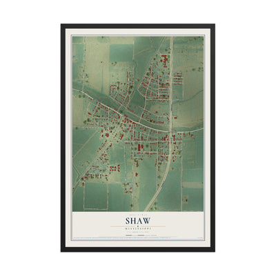 Map of Shaw, Mississippi, 12 x 18 inch print in a black wood frame