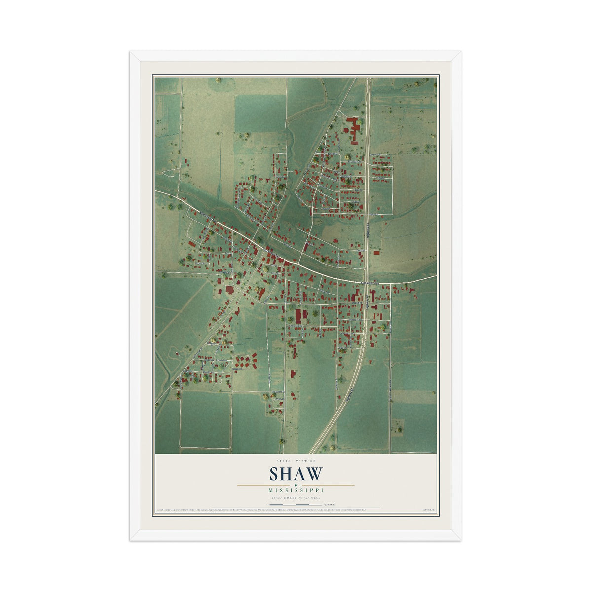 Map of Shaw, Mississippi, 12 x 18 inch print in a white wood frame