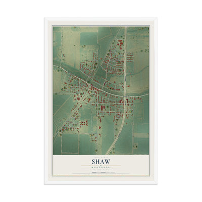 Map of Shaw, Mississippi, 12 x 18 inch print in a white wood frame