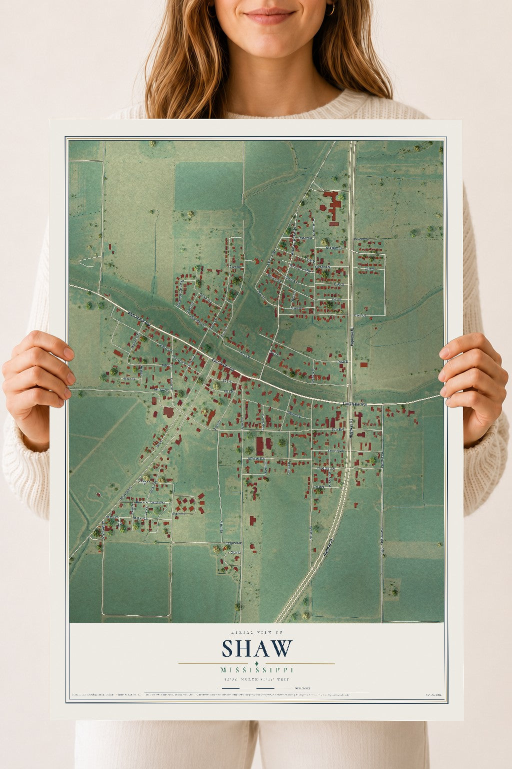 Map of Shaw, Mississippi, 18 x 24 inch unframed archival matte print