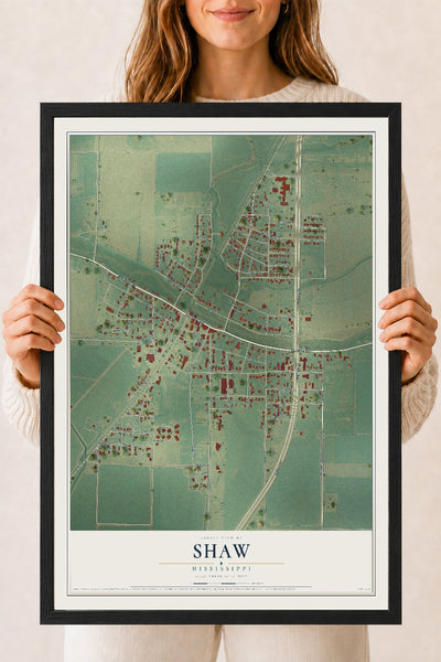 Map of Shaw, Mississippi, 18 x 24 inch print in a black wood frame