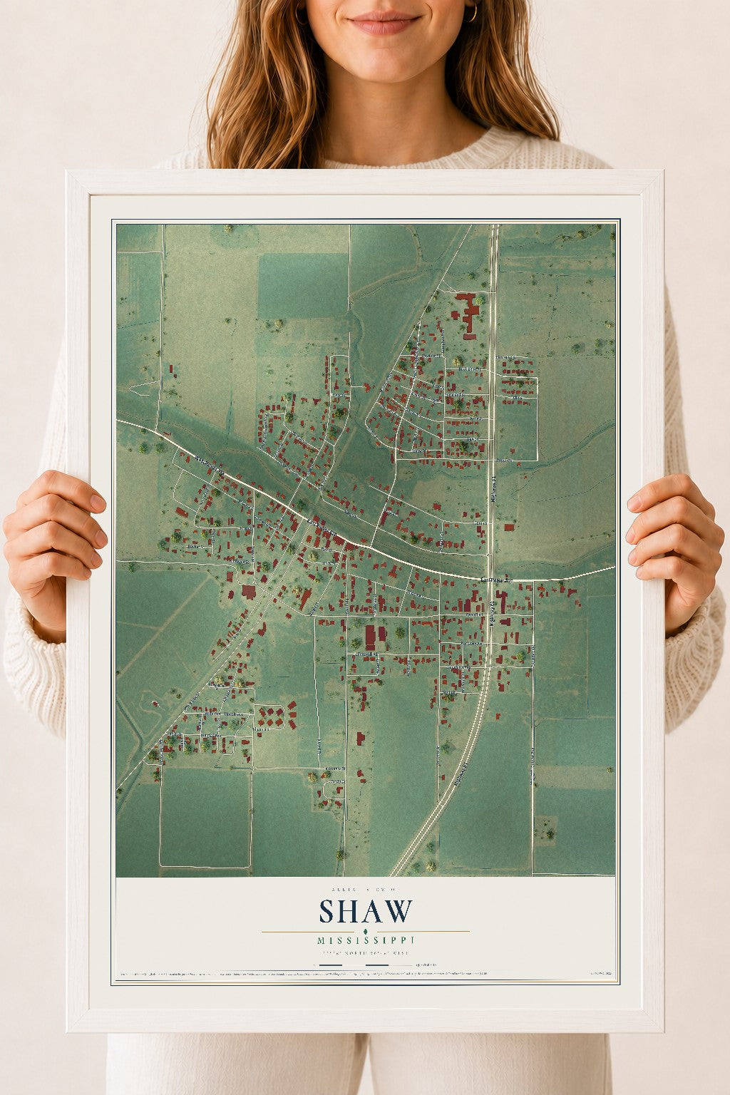 Map of Shaw, Mississippi, 18 x 24 inch print in a white wood frame
