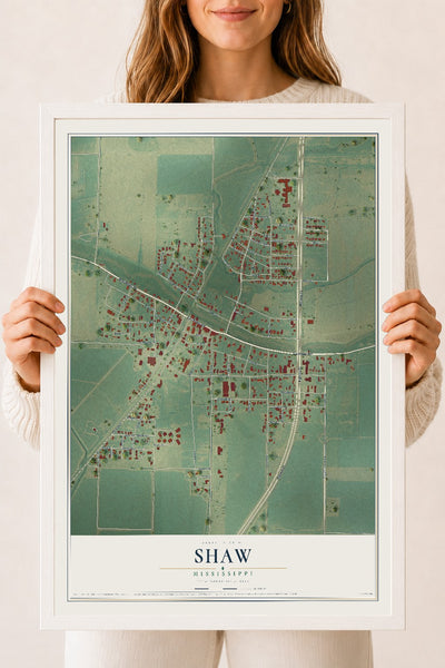 Map of Shaw, Mississippi, 18 x 24 inch print in a white wood frame