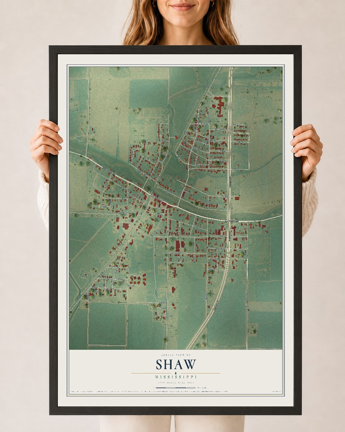 Map of Shaw, Mississippi, 24 x 36 inch print in a black wood frame