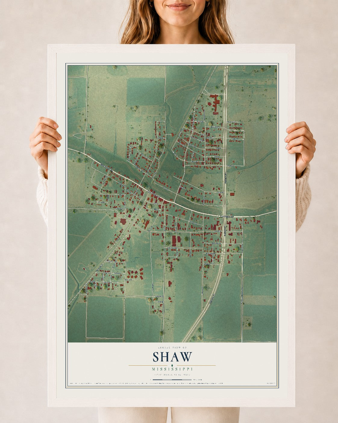 Map of Shaw, Mississippi, 24 x 36 inch print in a white wood frame
