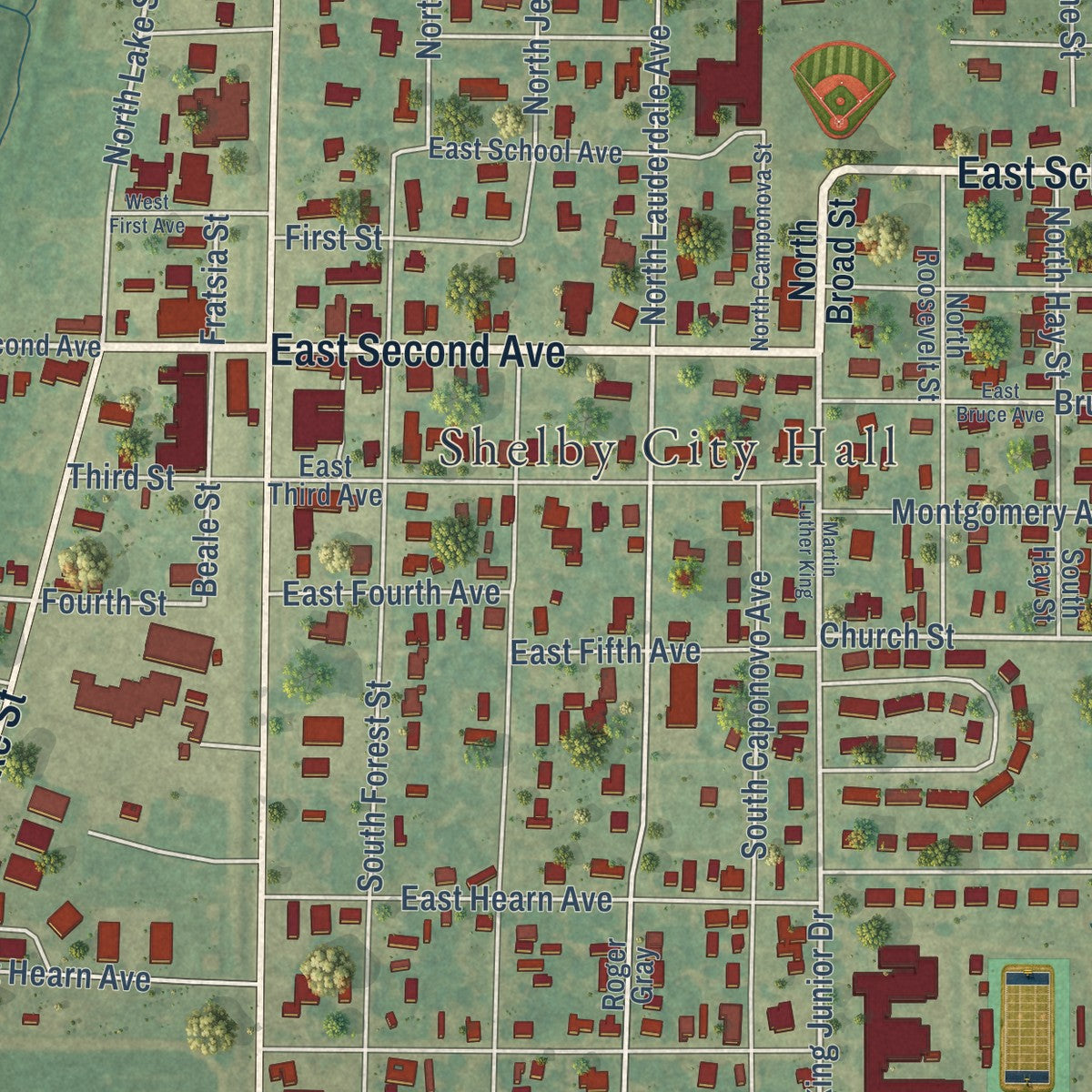 Close-up of the map of Shelby, Mississippi print showing street and building detail