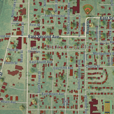 Close-up of the map of Shelby, Mississippi print showing street and building detail