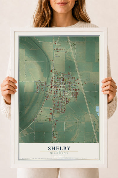 Map of Shelby, Mississippi, 18 x 24 inch print in a white wood frame