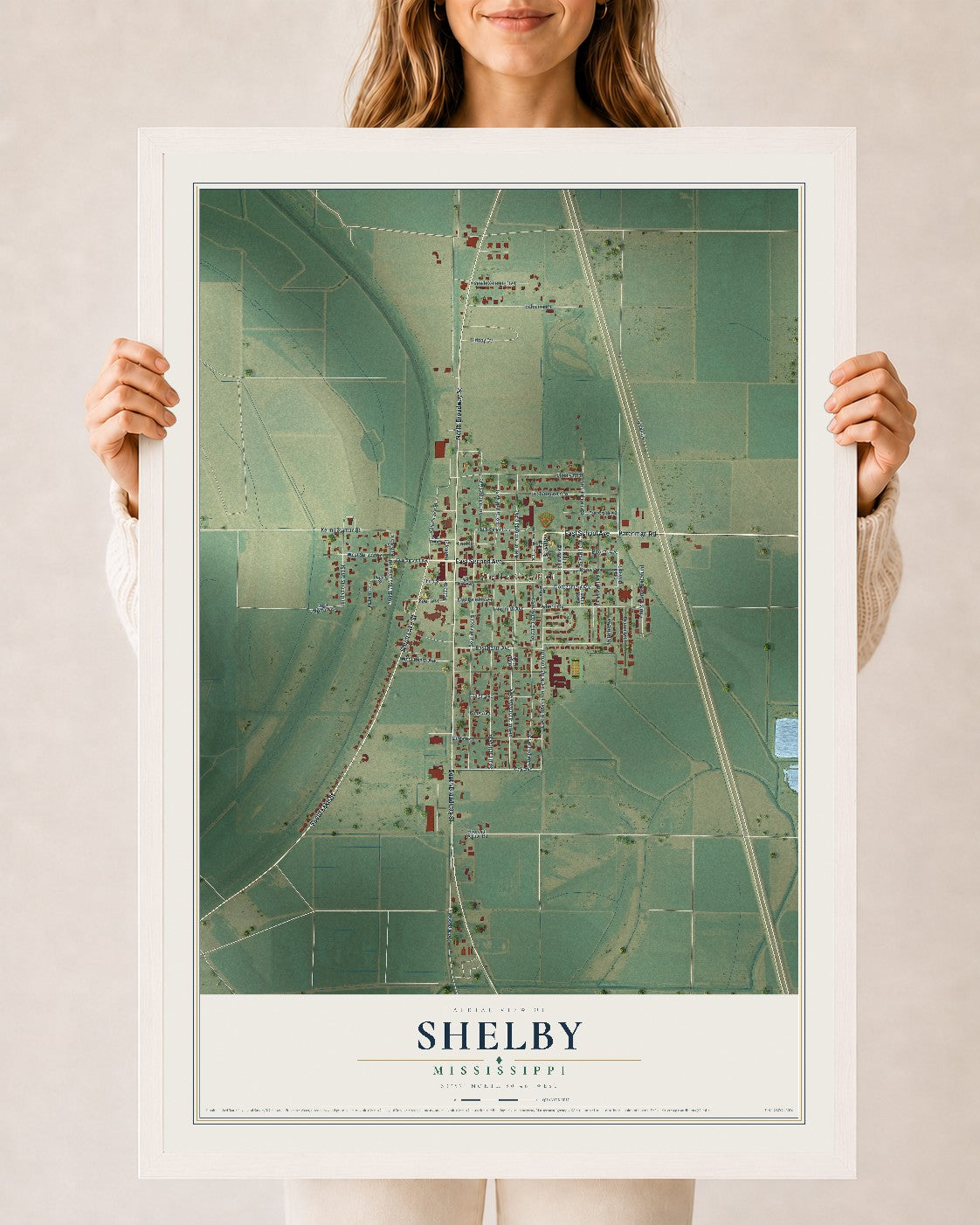 Map of Shelby, Mississippi, 24 x 36 inch print in a white wood frame