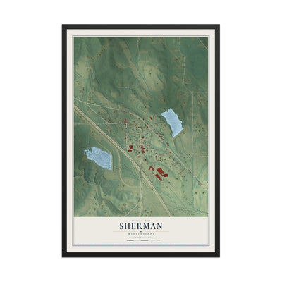 Map of Sherman, Mississippi, 12 x 18 inch print in a black wood frame