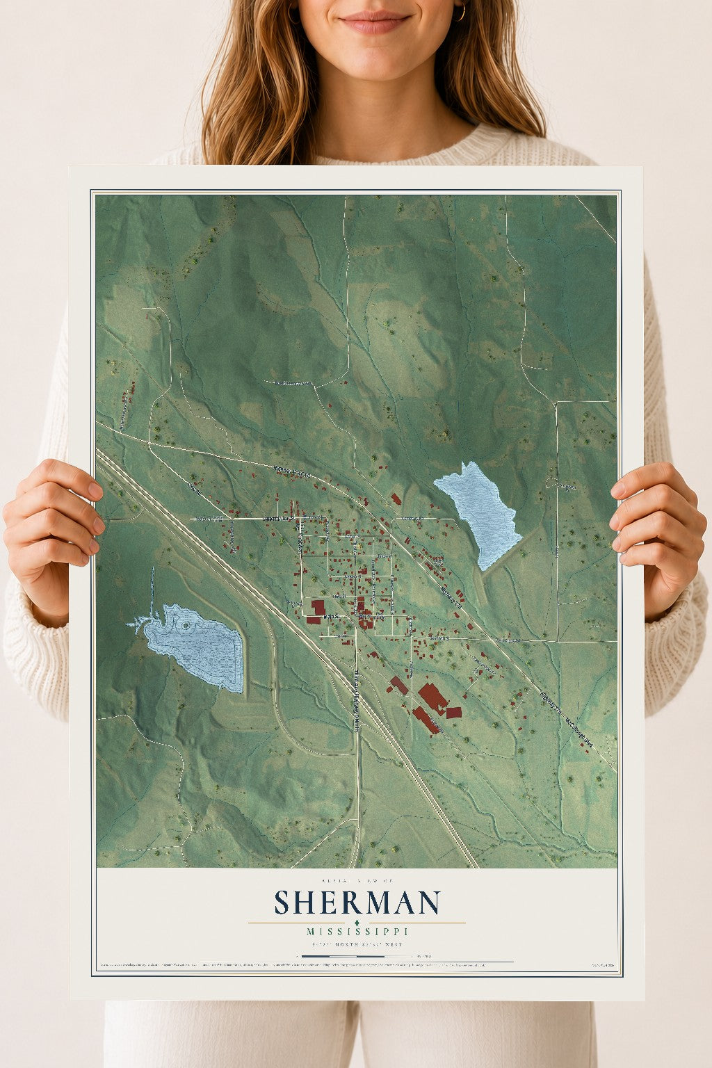 Map of Sherman, Mississippi, 18 x 24 inch unframed archival matte print