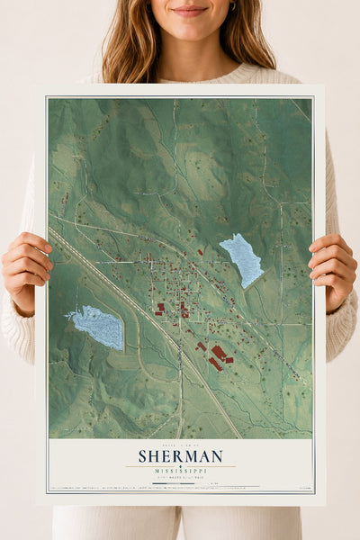 Map of Sherman, Mississippi, 18 x 24 inch unframed archival matte print