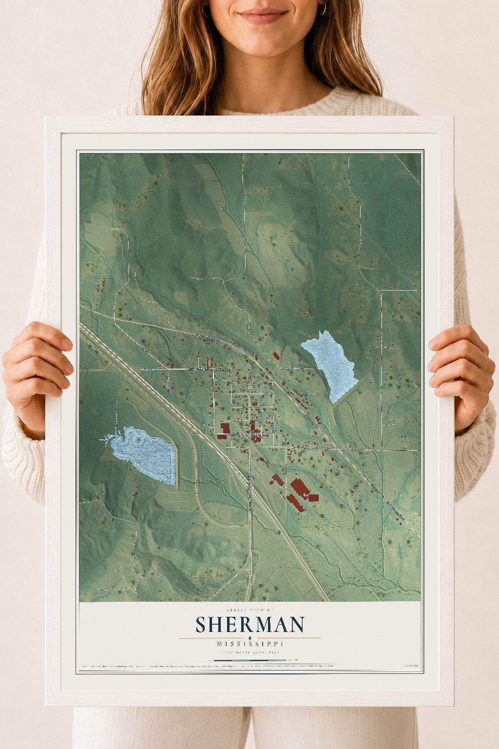 Map of Sherman, Mississippi, 18 x 24 inch print in a white wood frame