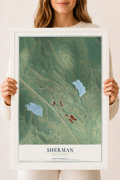 Map of Sherman, Mississippi, 18 x 24 inch print in a white wood frame