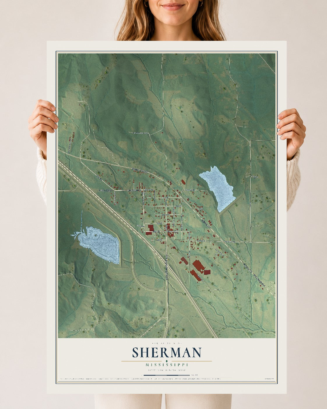 Map of Sherman, Mississippi, 24 x 36 inch unframed archival matte print