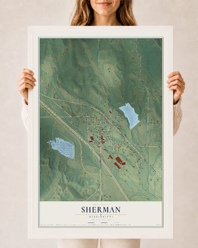 Map of Sherman, Mississippi, 24 x 36 inch print in a white wood frame