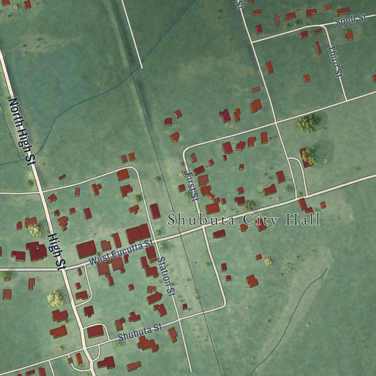 Close-up of the map of Shubuta, Mississippi print showing street and building detail