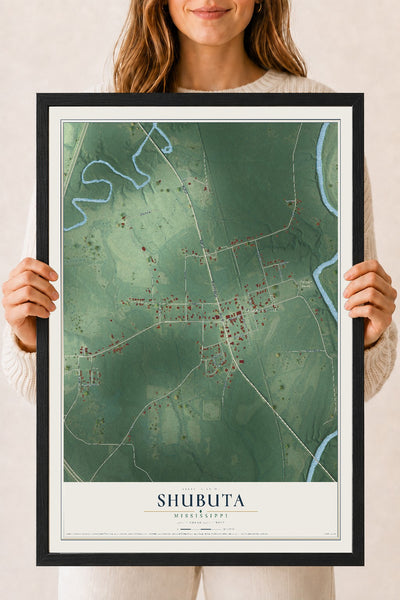 Map of Shubuta, Mississippi, 18 x 24 inch print in a black wood frame
