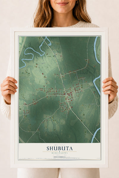 Map of Shubuta, Mississippi, 18 x 24 inch print in a white wood frame