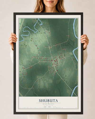 Map of Shubuta, Mississippi, 24 x 36 inch print in a black wood frame