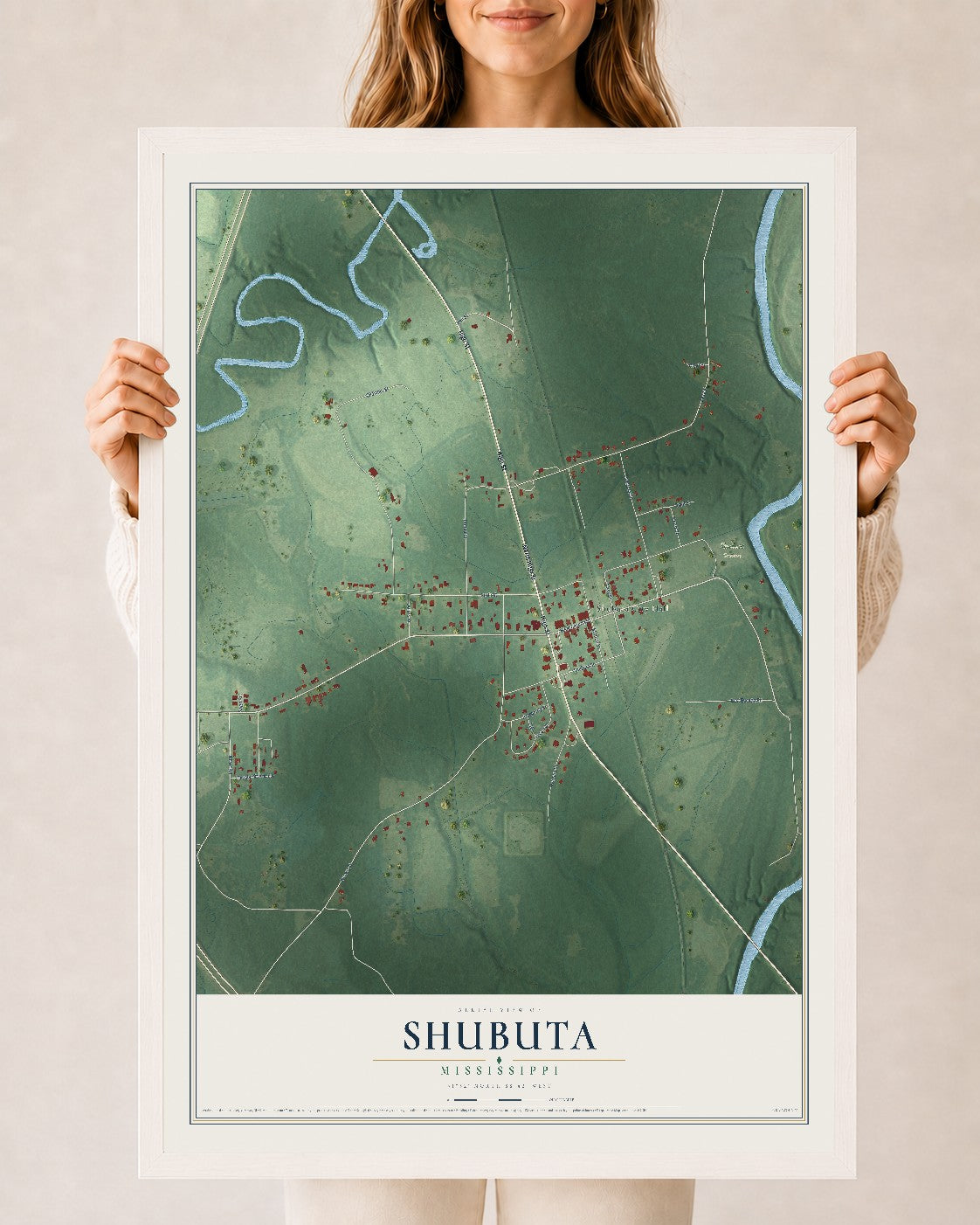 Map of Shubuta, Mississippi, 24 x 36 inch print in a white wood frame