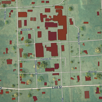Close-up of the map of Shuqualak, Mississippi print showing street and building detail