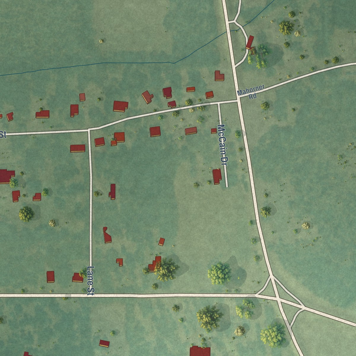 Second close-up of the map of Shuqualak, Mississippi print showing more streets and buildings