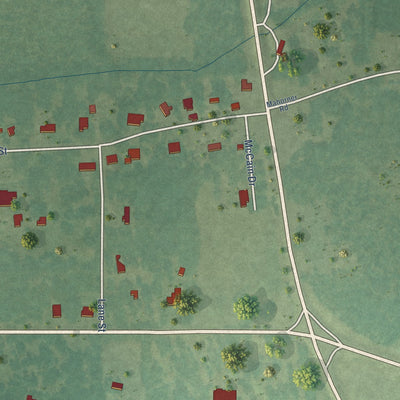 Second close-up of the map of Shuqualak, Mississippi print showing more streets and buildings