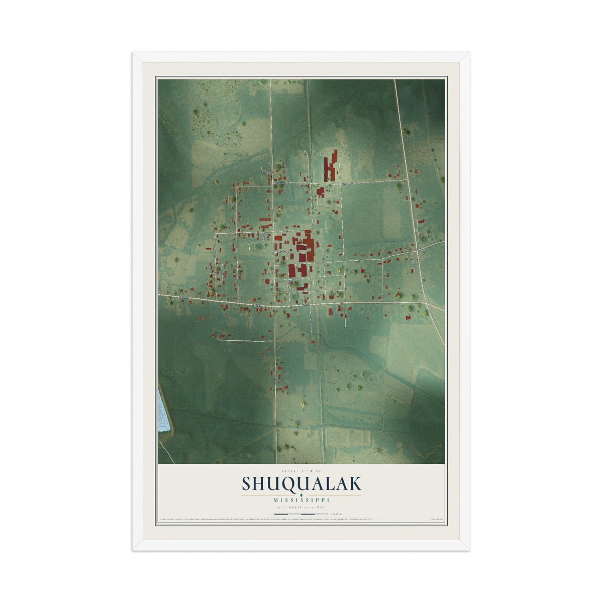 Map of Shuqualak, Mississippi, 12 x 18 inch print in a white wood frame