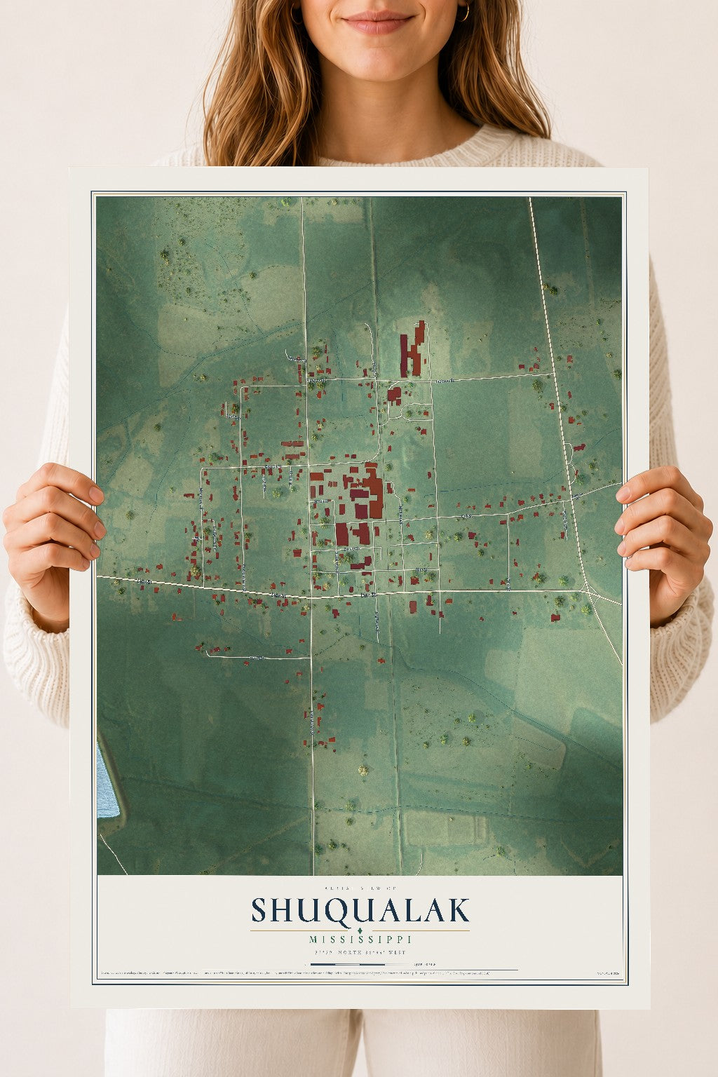 Map of Shuqualak, Mississippi, 18 x 24 inch unframed archival matte print