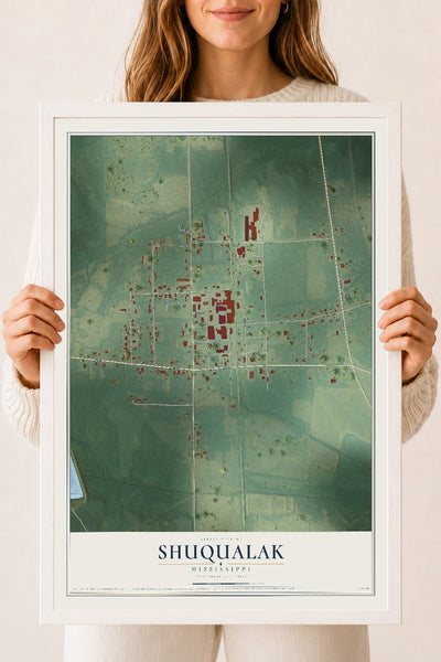 Map of Shuqualak, Mississippi, 18 x 24 inch print in a white wood frame