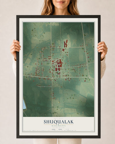 Map of Shuqualak, Mississippi, 24 x 36 inch print in a black wood frame