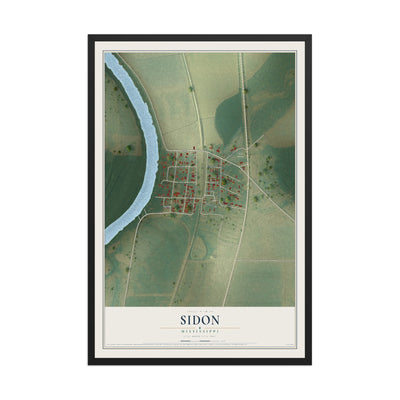 Map of Sidon, Mississippi, 12 x 18 inch print in a black wood frame