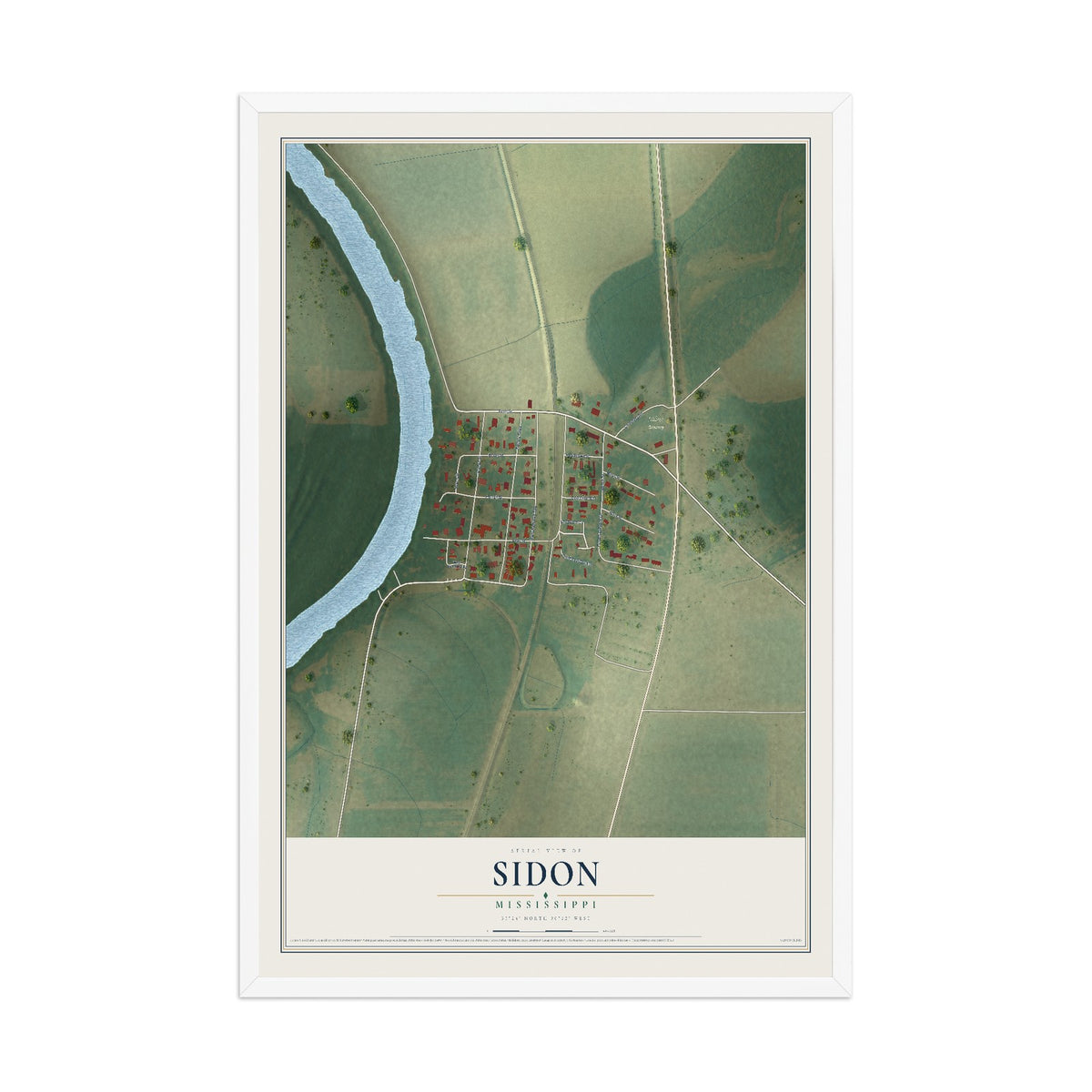 Map of Sidon, Mississippi, 12 x 18 inch print in a white wood frame