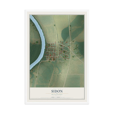 Map of Sidon, Mississippi, 12 x 18 inch print in a white wood frame