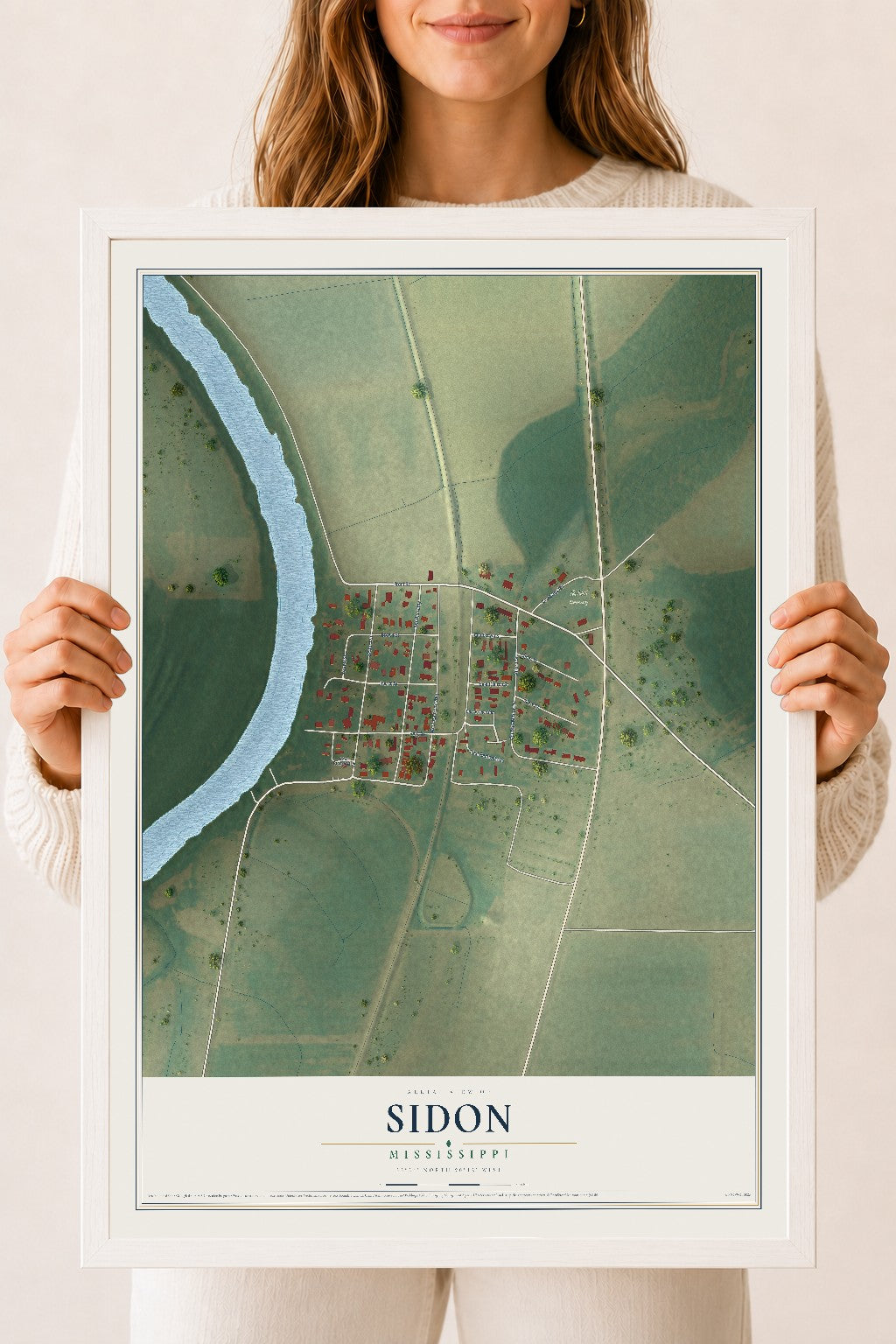 Map of Sidon, Mississippi, 18 x 24 inch print in a white wood frame