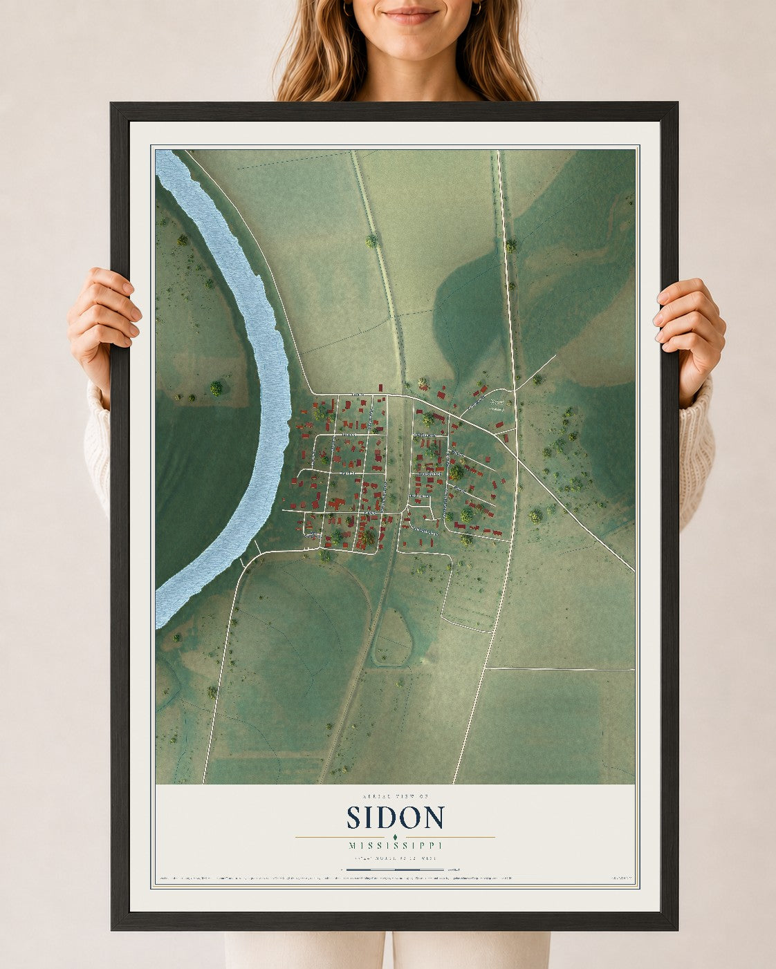 Map of Sidon, Mississippi, 24 x 36 inch print in a black wood frame