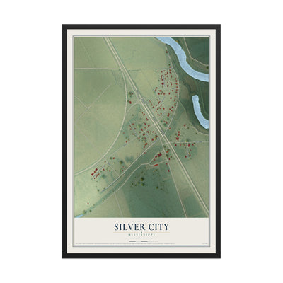 Map of Silver City, Mississippi, 12 x 18 inch print in a black wood frame