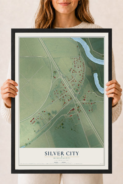 Map of Silver City, Mississippi, 18 x 24 inch print in a black wood frame