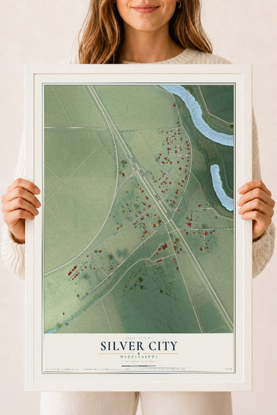 Map of Silver City, Mississippi, 18 x 24 inch print in a white wood frame