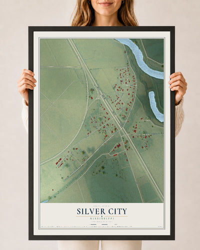 Map of Silver City, Mississippi, 24 x 36 inch print in a black wood frame