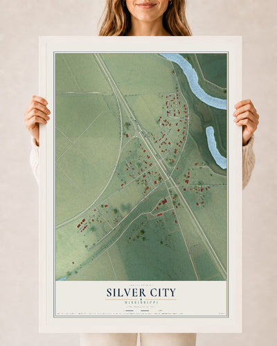 Map of Silver City, Mississippi, 24 x 36 inch print in a white wood frame
