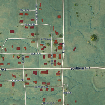 Close-up of the map of Silver Creek, Mississippi print showing street and building detail