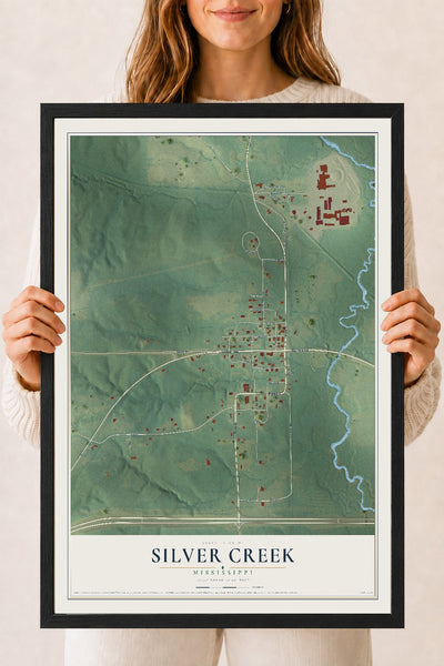 Map of Silver Creek, Mississippi, 18 x 24 inch print in a black wood frame