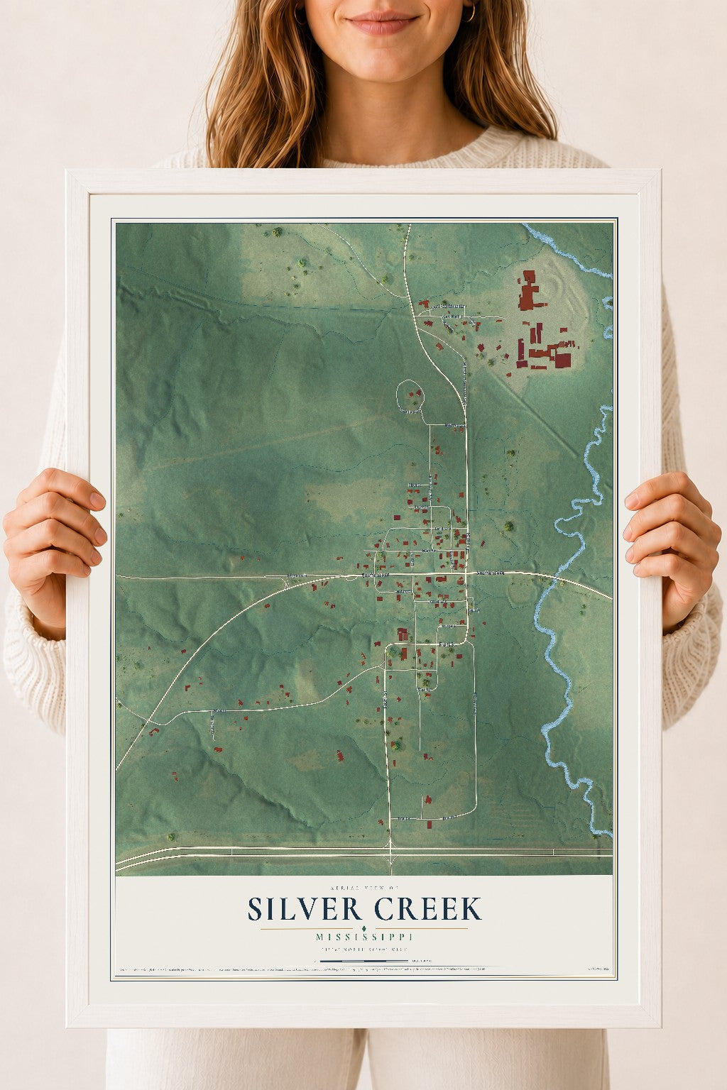 Map of Silver Creek, Mississippi, 18 x 24 inch print in a white wood frame
