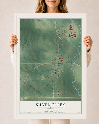 Map of Silver Creek, Mississippi, 24 x 36 inch print in a white wood frame